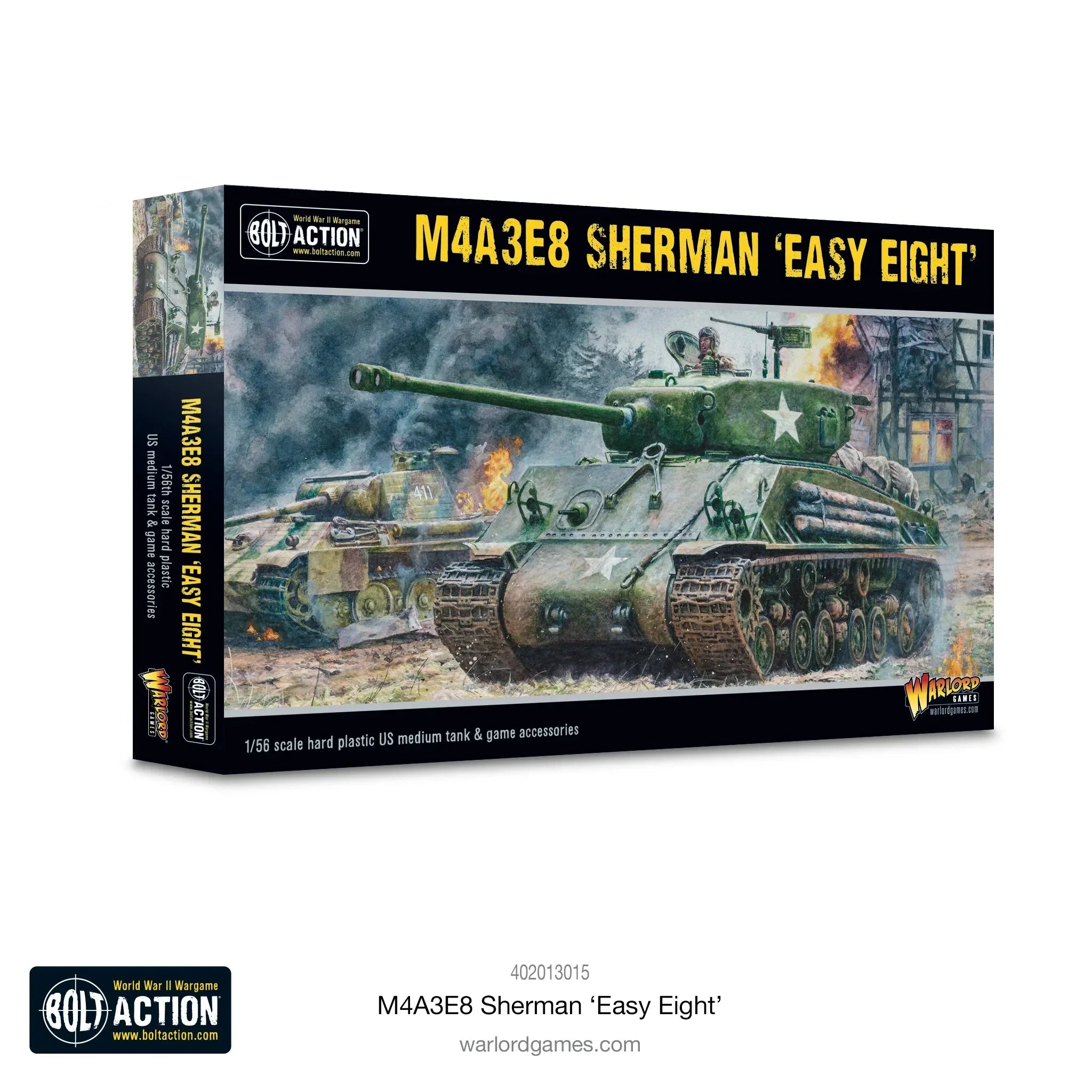 M4A3E8 Sherman Tank model kit box with colorful artwork and game accessories.