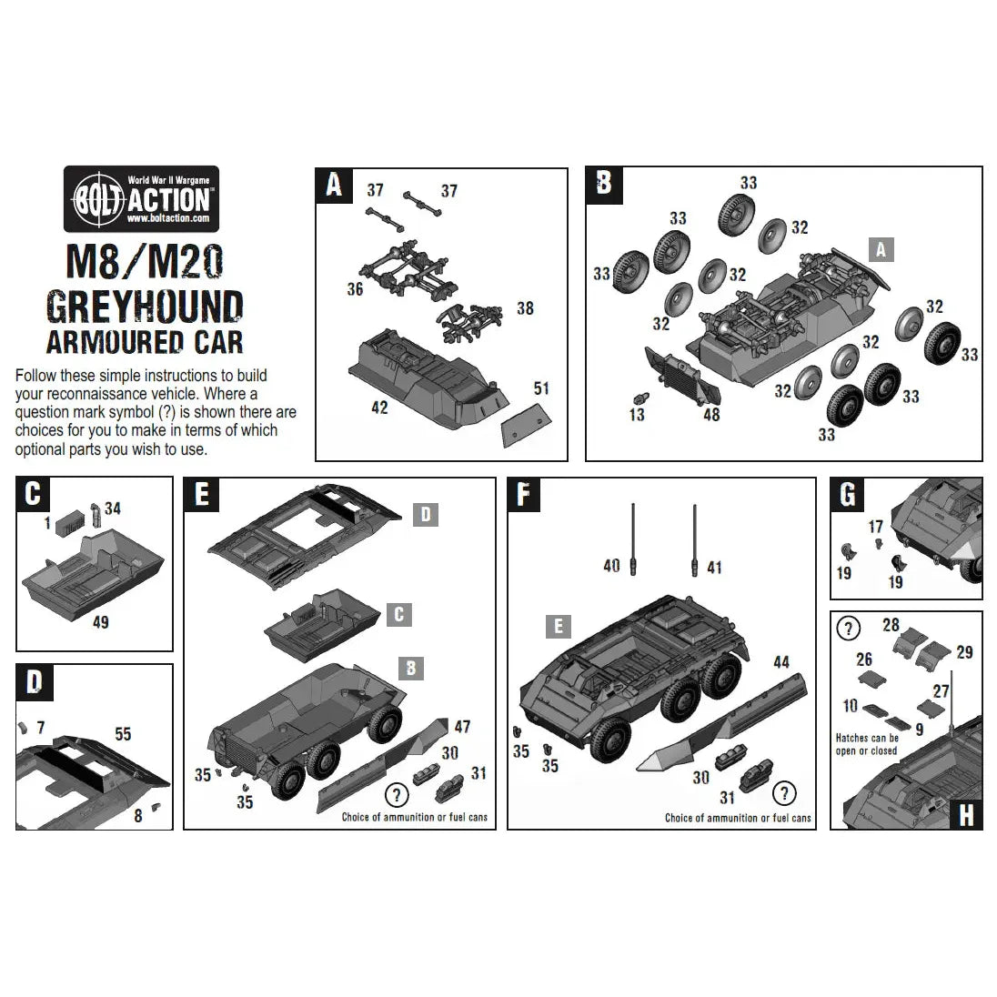 Bolt Action M8/M20 Scout Car assembly instructions and components illustration.