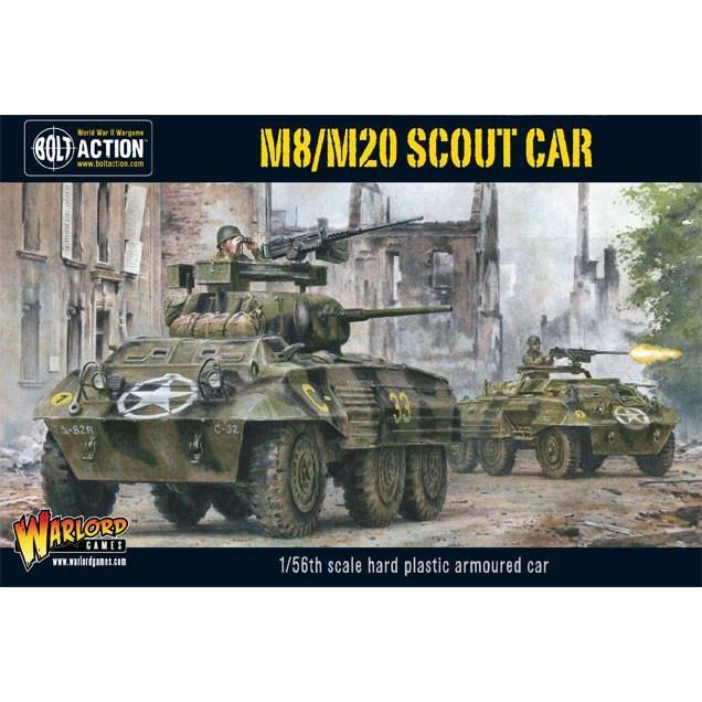 Bolt Action M8/M20 Scout Car model kit, 1/56th scale, World War II armored vehicle.