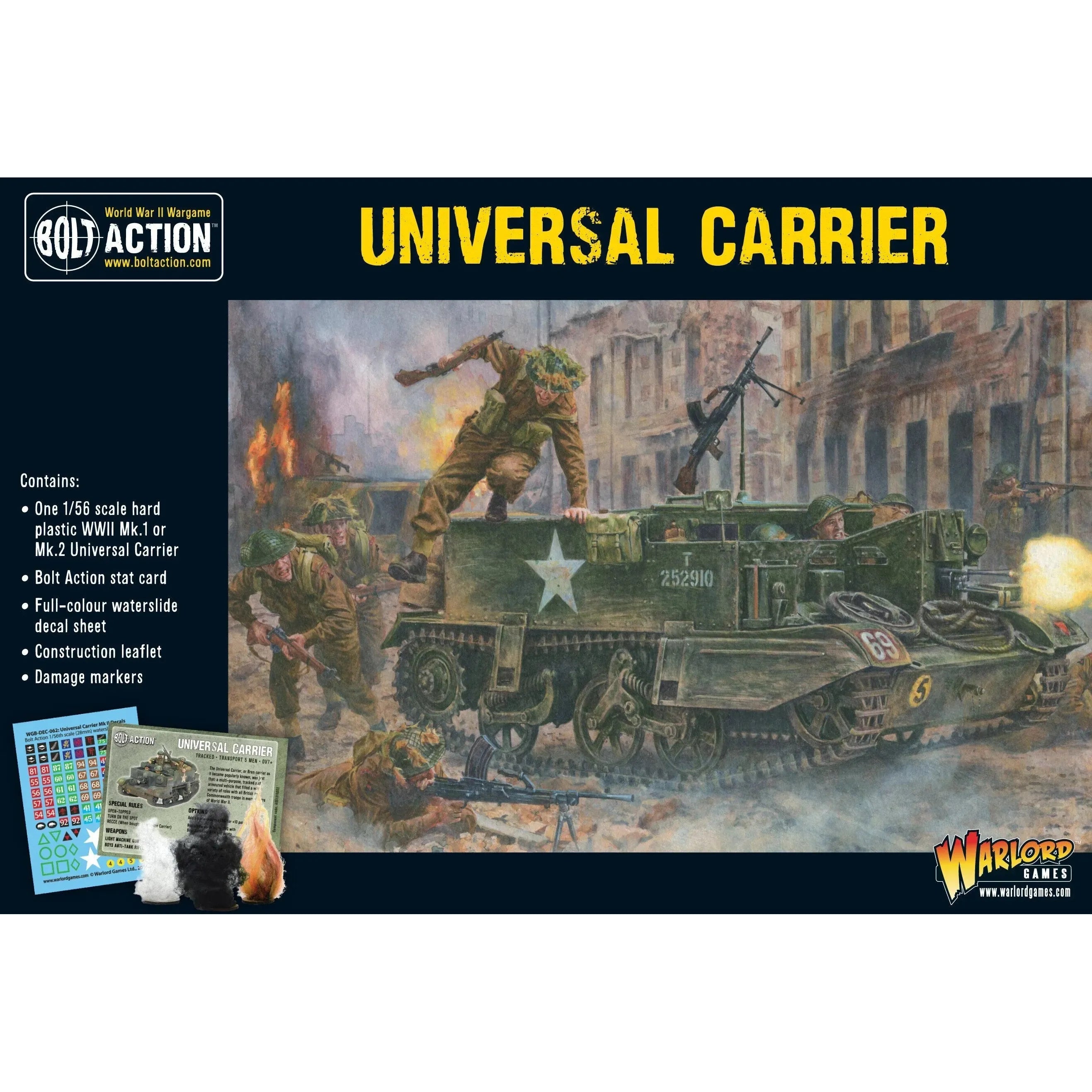 Bolt Action Universal Carrier model kit for WWII wargame; includes options for Mk I or Mk II versions.