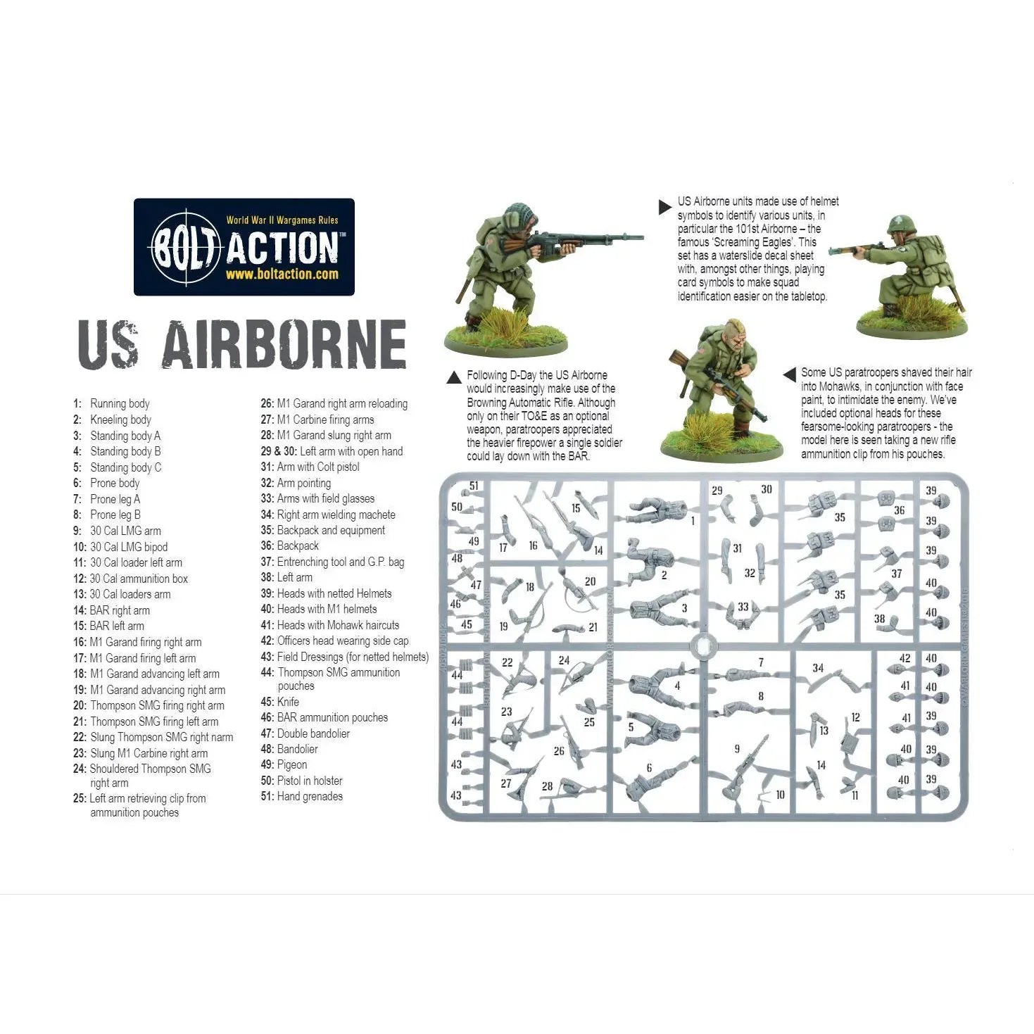 Bolt Action US Airborne Late WWII Paratroopers miniatures with M-1943 uniforms and weapon options.