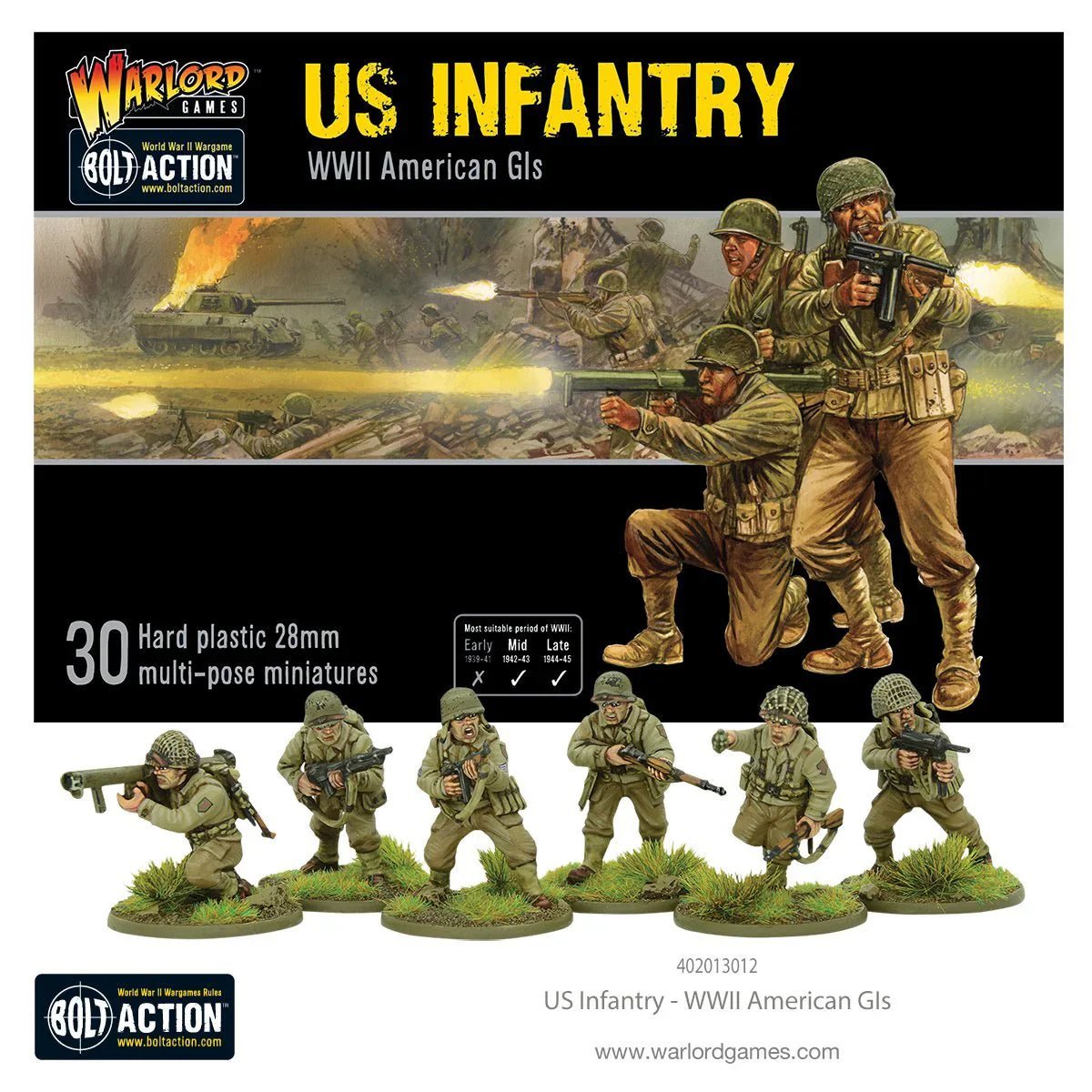 Bolt Action US Infantry WWII American GIs miniatures set with 30 customizable figures and weapon options.