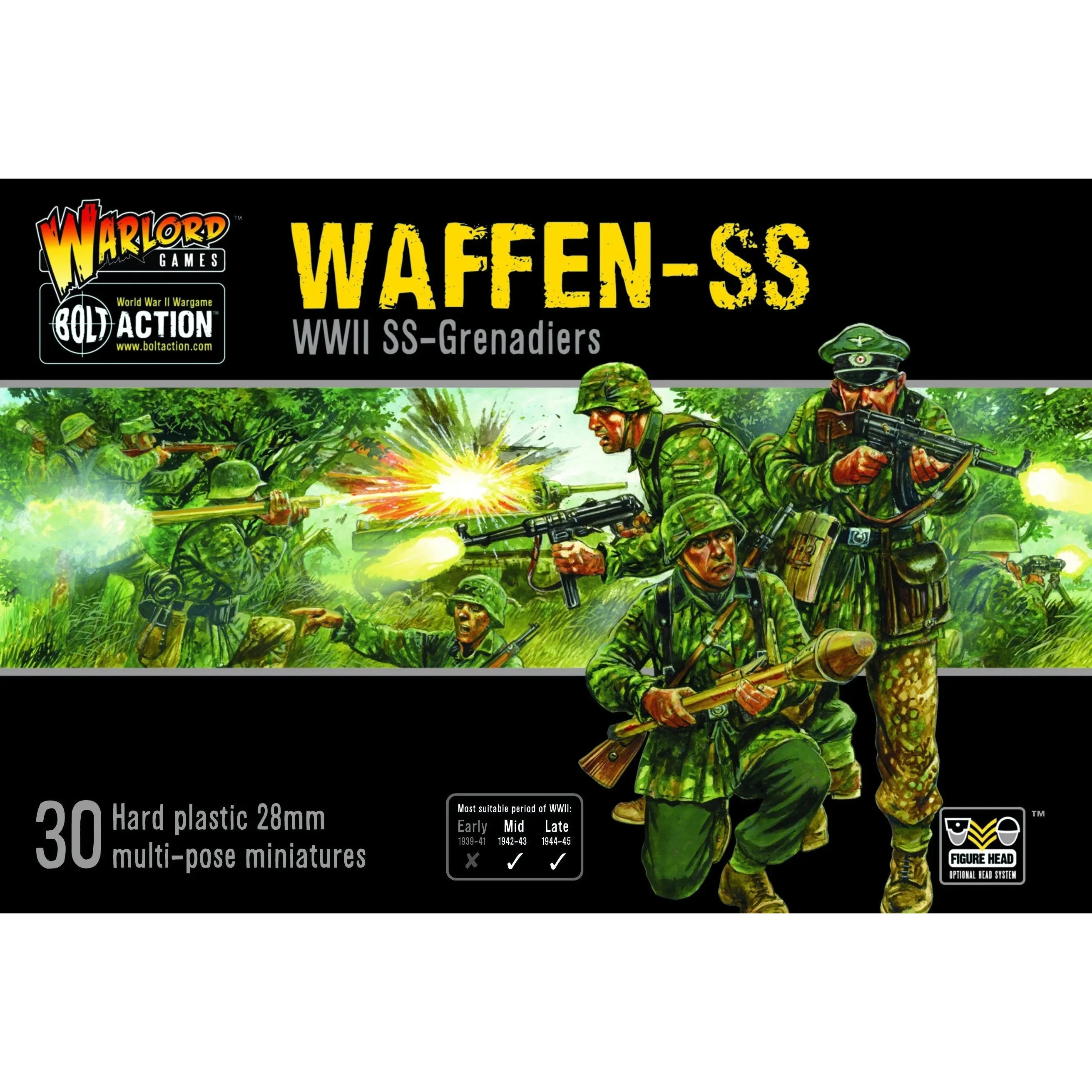 Bolt Action Waffen SS WWII Grenadiers miniature set box with illustration of SS soldiers in action.