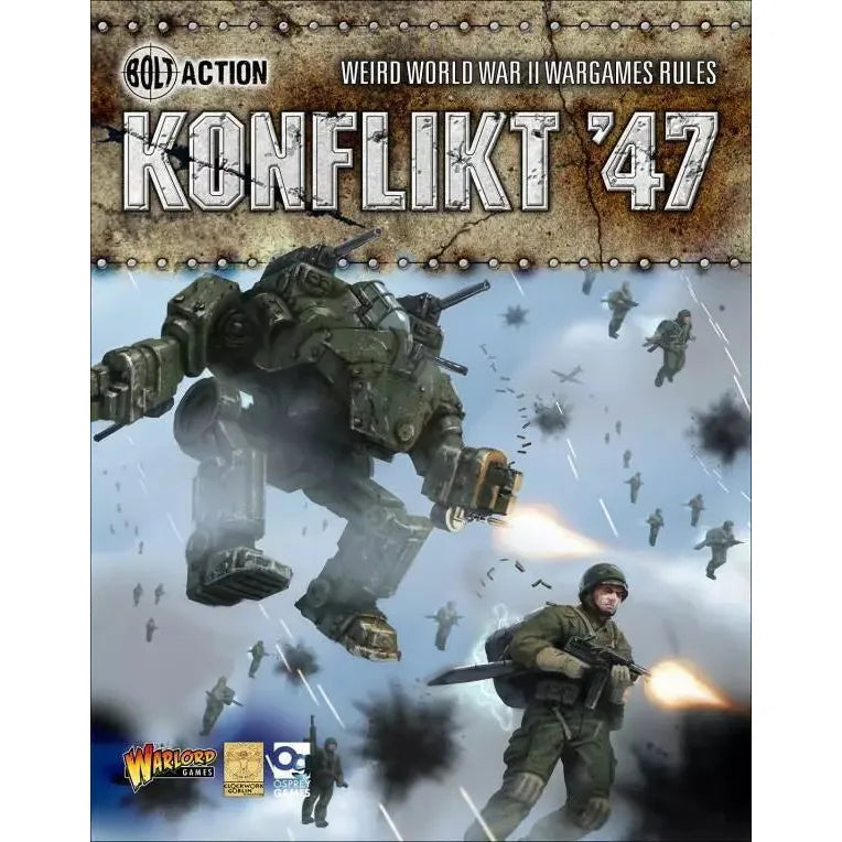 Bolt Action Warlord Konflict '47 Rulebook cover featuring soldiers and mechanical walker.