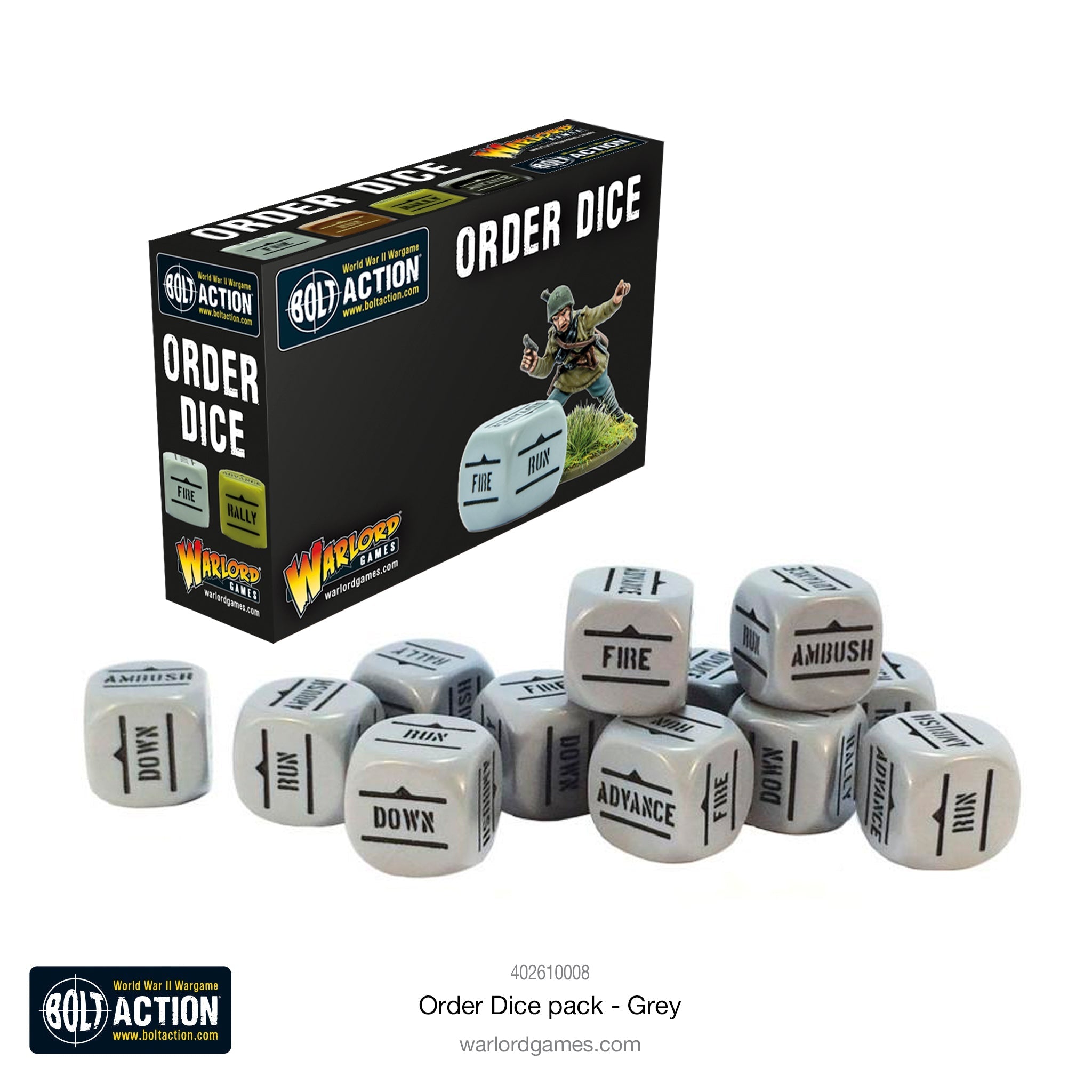 Bolt Action Orders Dice pack in grey with 12 dice.