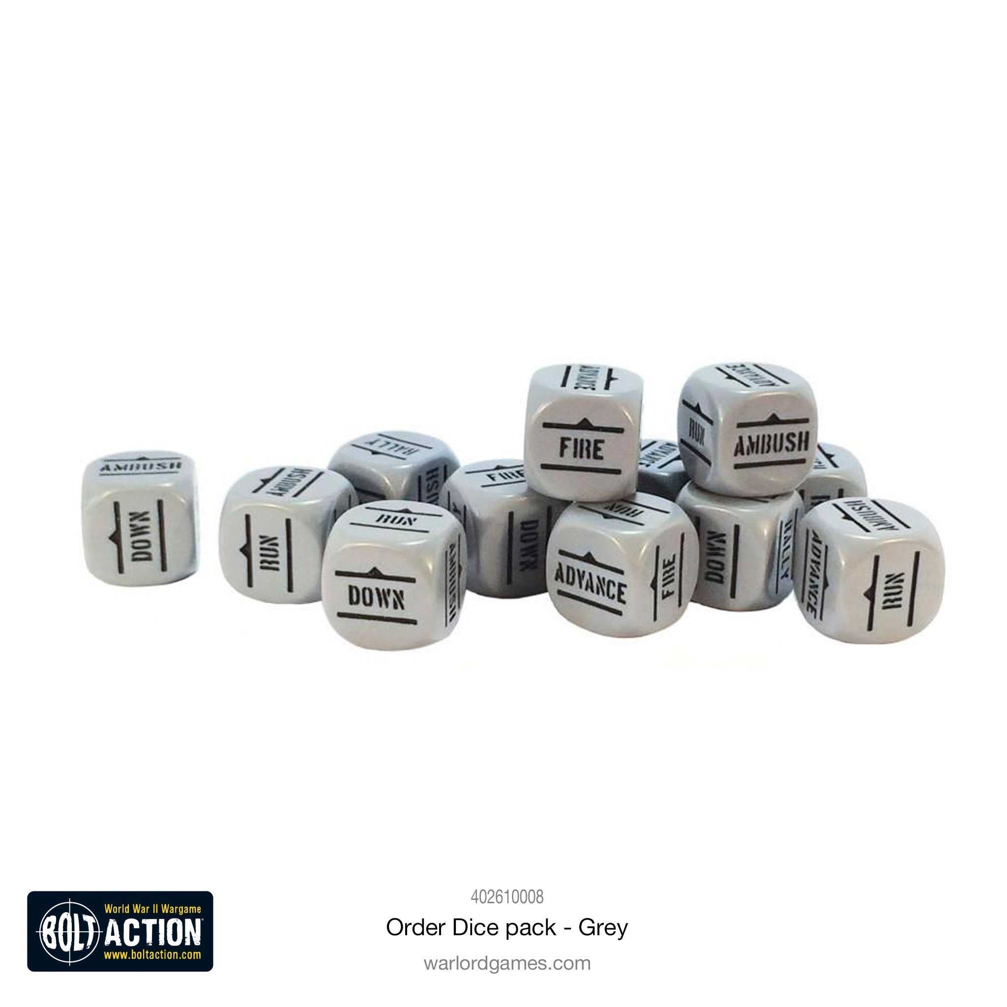 Bolt Action grey order dice pack with 12 dice for random unit activation.