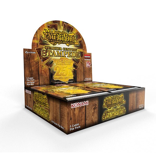 Yu-Gi-Oh Quarter Century Stampede Booster Box with multiple packs displayed.