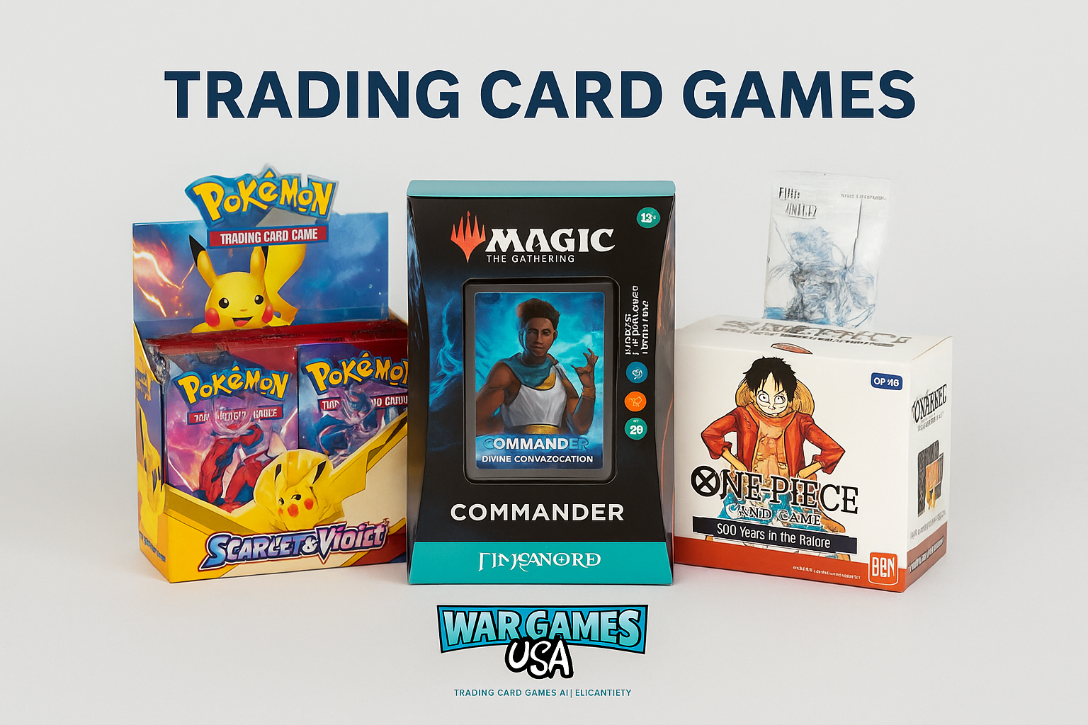 Trading Card Games collection featuring Pokémon booster packs, Magic: The Gathering decks, One Piece TCG displays, and Final Fantasy cards at War Games USA.