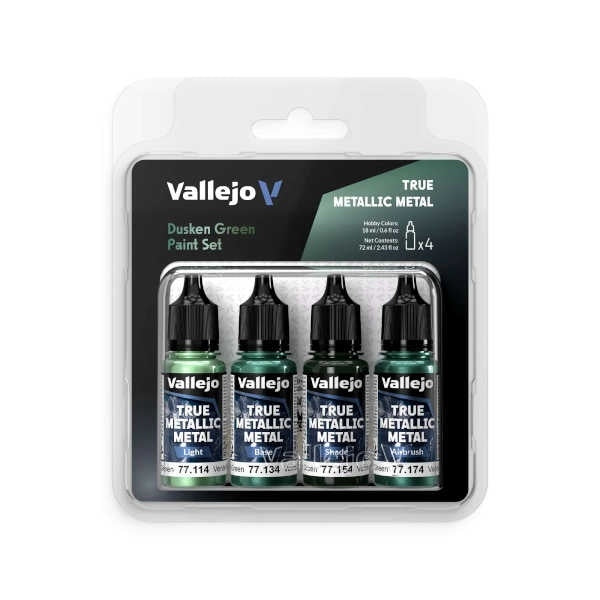 Vallejo True Metallic Metal Dusken Green color set with four metallic green paint bottles for model and miniature painting.
