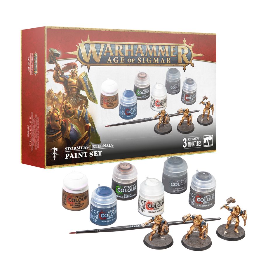 Warhammer Age of Sigmar Stormcast Eternals Paint Set with miniatures, paints, and brush.