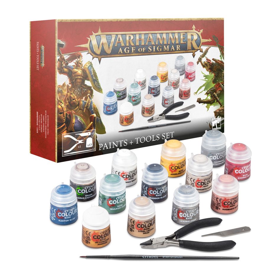 Warhammer Age of Sigmar Paints and Tools Set 2024 with 13 Citadel Colour paints and tools.