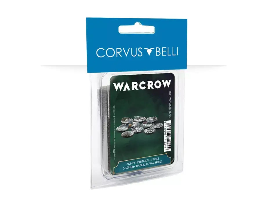 Warcrow 30mm Northern Tribes Scenery Bases in packaging, Alpha Series, unpainted thermoplastic set.