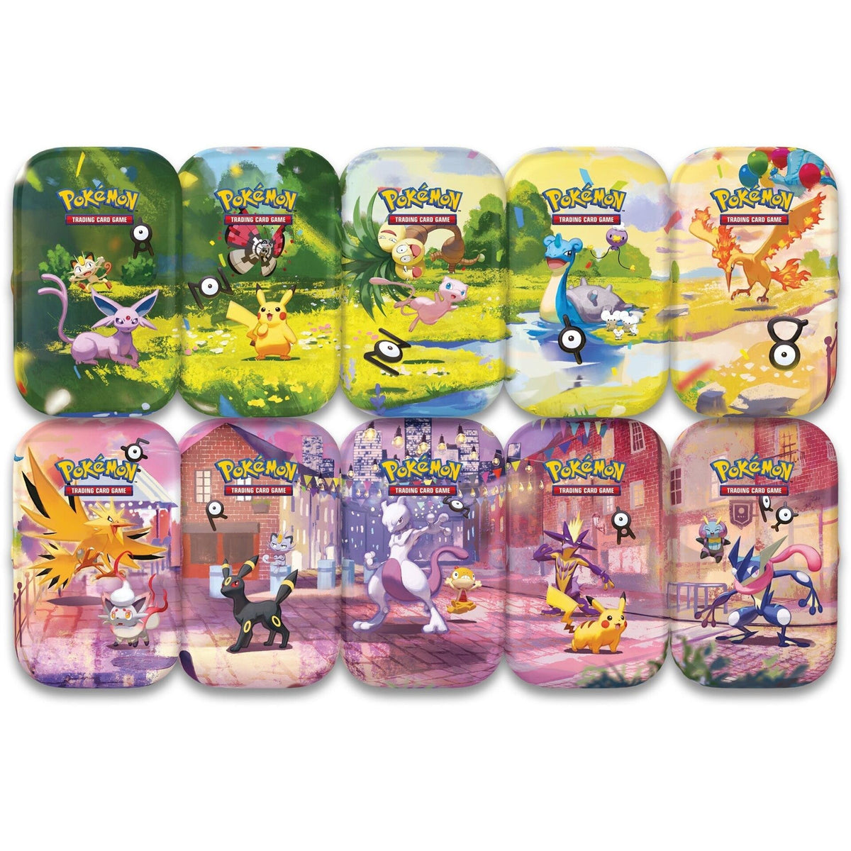 All ten Pokémon TCG 30th Celebration Mini Tins — day series and night series