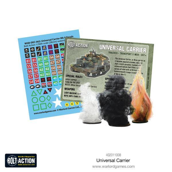 Bolt Action Universal Carrier model kit with decals, assembly parts, and accessories for Mk I and Mk II versions.