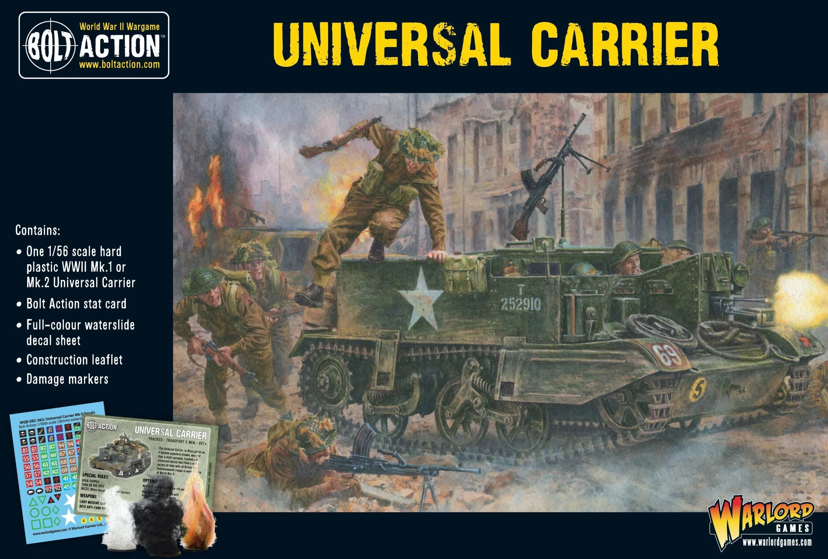 Bolt Action Universal Carrier model kit for WWII wargame; includes options for Mk I or Mk II versions.