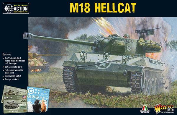 Bolt Action M18 Hellcat tank model kit with accessories, featuring historic tank in battle scene.