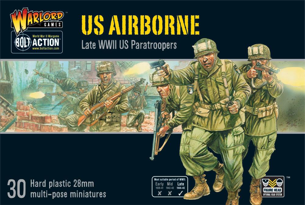 Bolt Action US Airborne Late WWII Paratroopers box cover featuring 30 hard plastic 28mm miniatures in M-1943 uniforms.