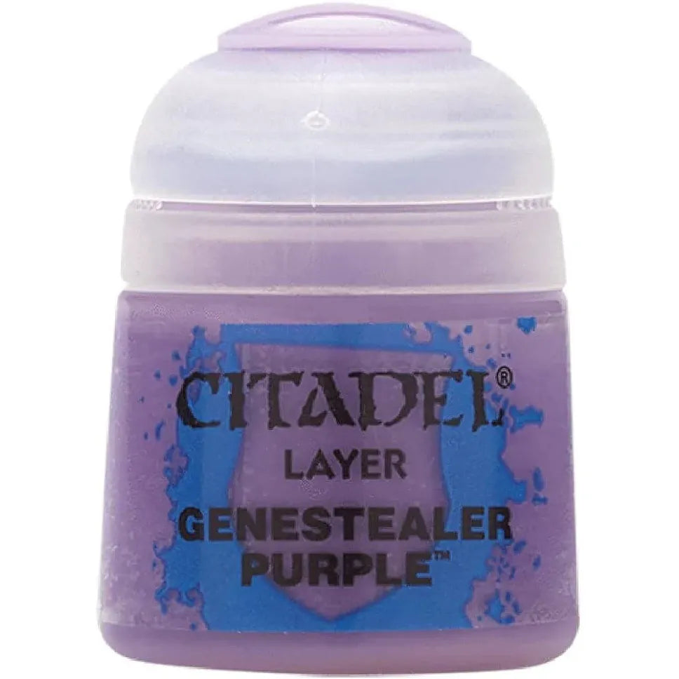 Citadel Colour Genestealer Purple layer paint bottle for miniature models, featuring a purple hue and precise applicator tip.
