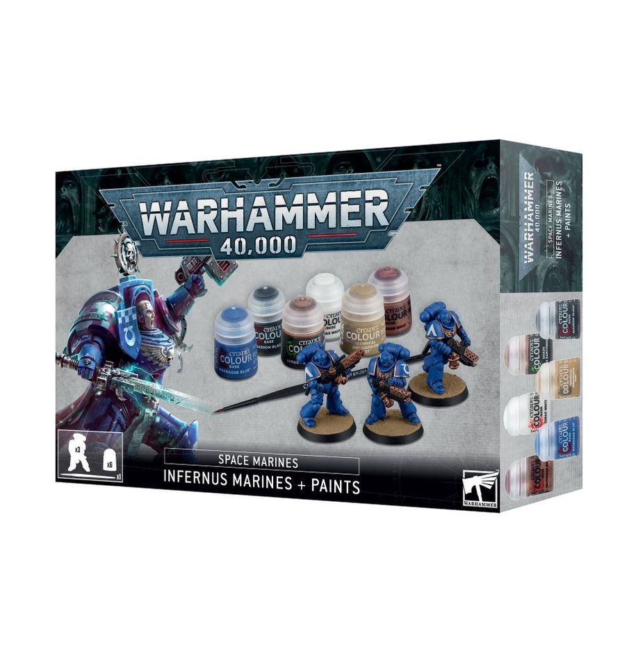 Warhammer 40000 Space Marines Infernus Marines and Paints set with Citadel Colour paints and brush.