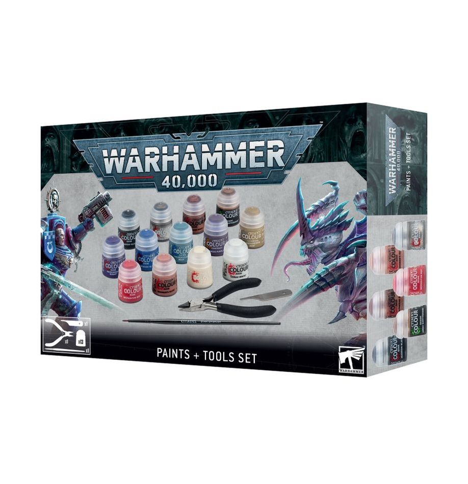 Warhammer 40000 Paints and Tools Set box with 13 Citadel Colour paint pots and painting tools.