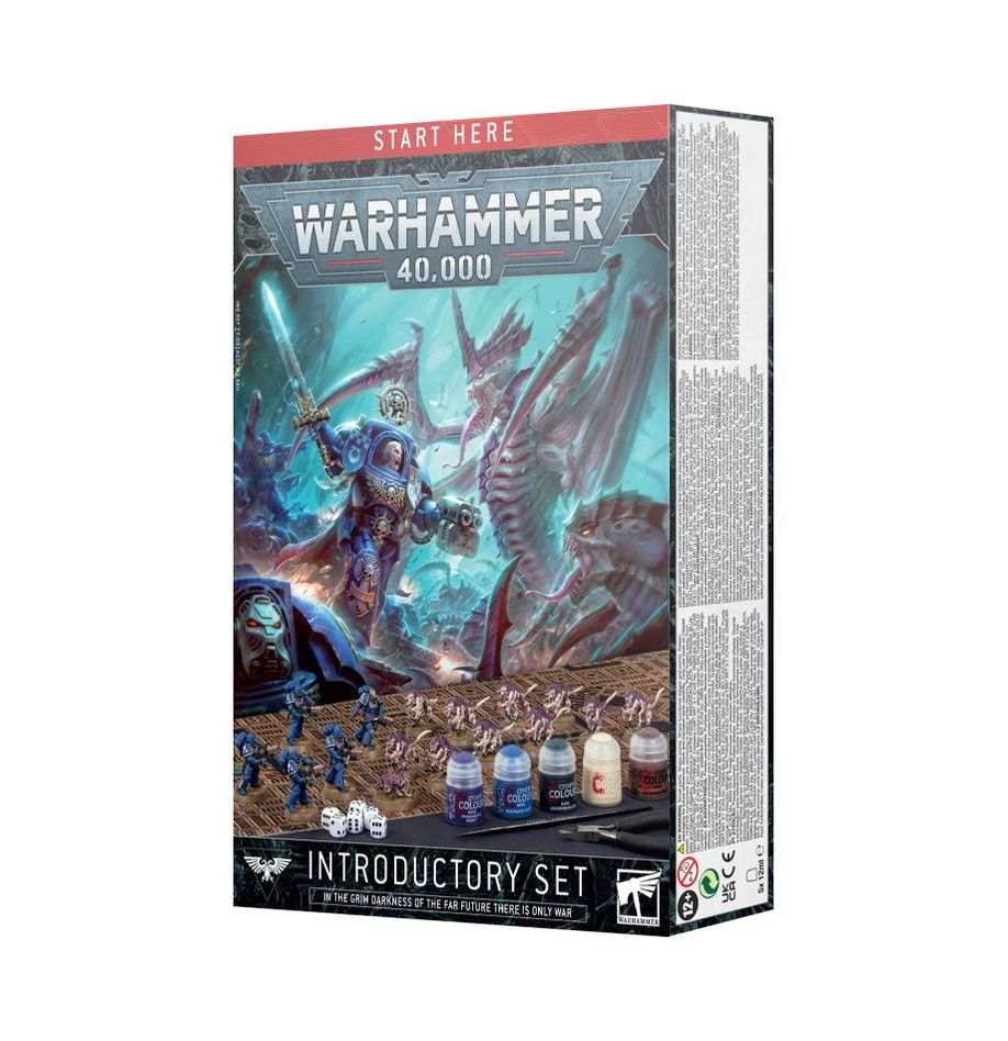 Warhammer 40000 Introductory Set box featuring Space Marines and Tyranids miniatures, paints, and game accessories.