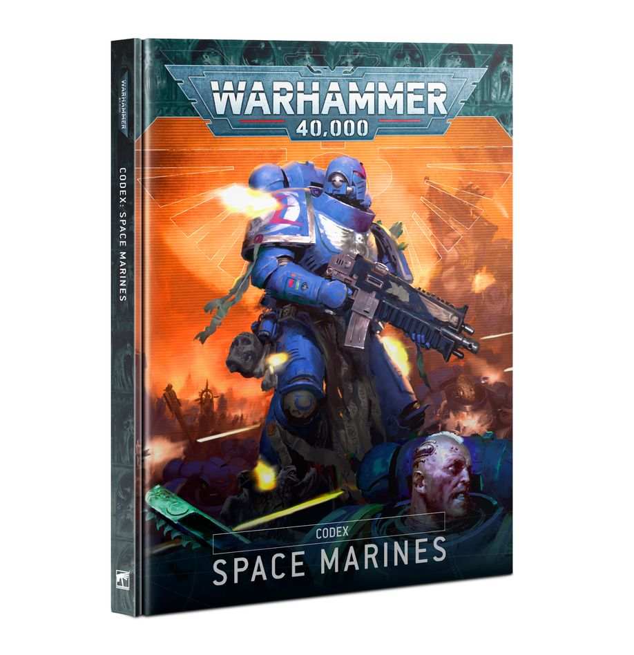 Warhammer 40000 Codex Space Marines hardcover book featuring Space Marines artwork.
