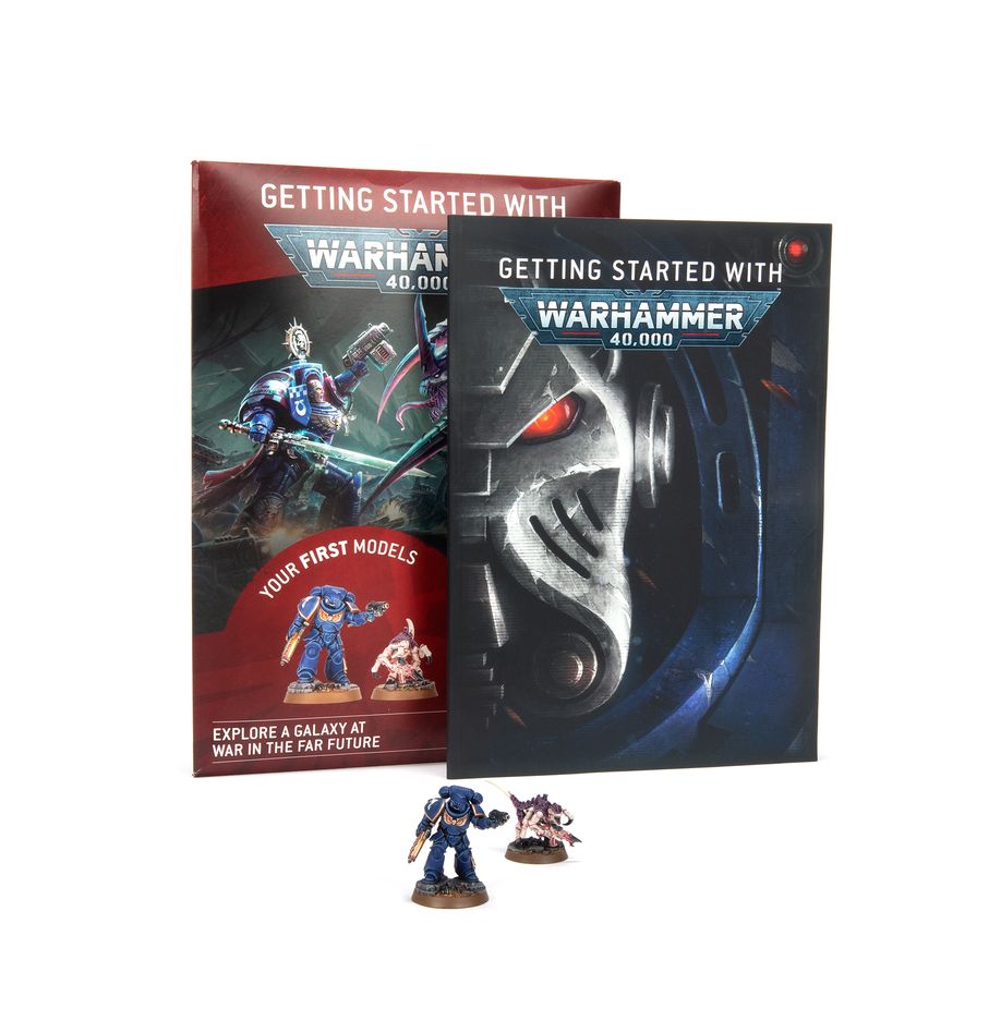 Warhammer 40000 10th Edition starter set with Space Marines and Tyranids miniatures.