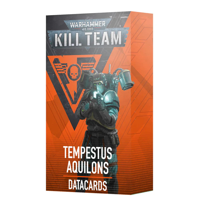 Kill Team Datacards: Tempestus Aquilons box with operatives illustration and 34 card details.