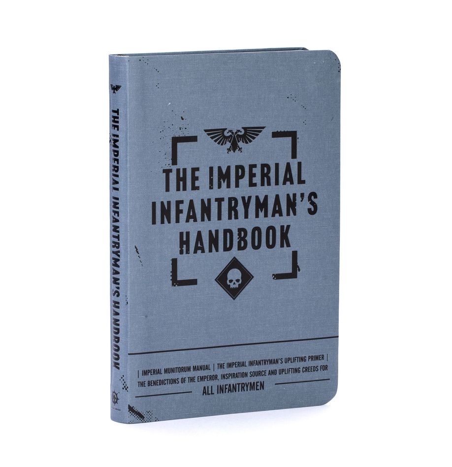 Warhammer: The Imperial Infantryman's Handbook with cloth-bound cover and ribbon bookmark.