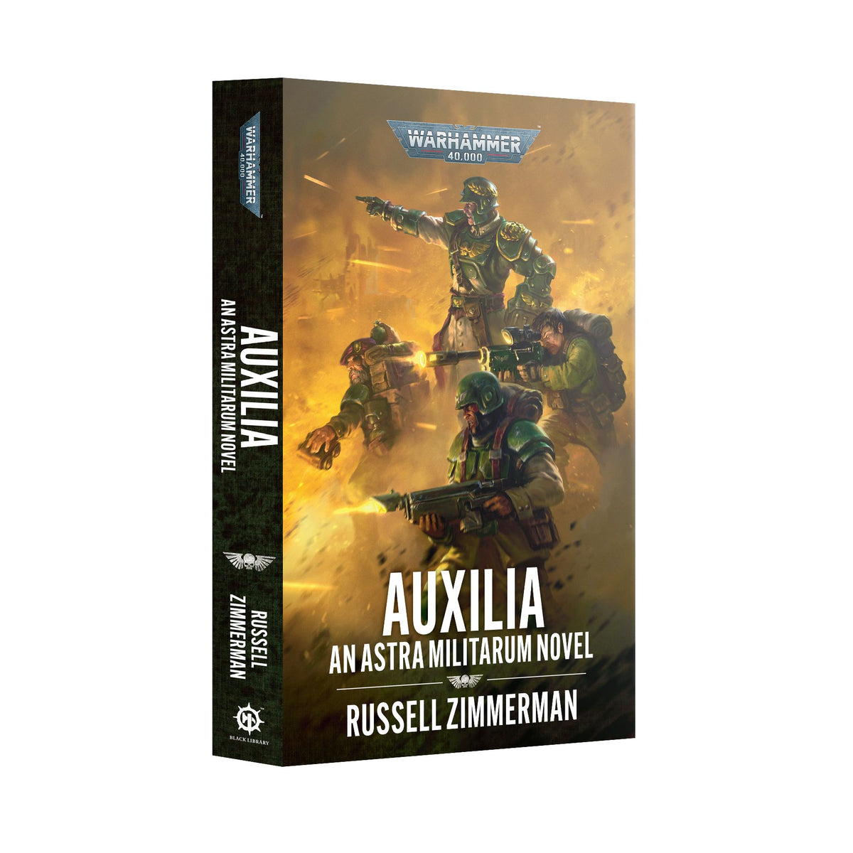 A Warhammer 40K Astra Militarum Auxilia book by Black Library, featuring cover art with military-themed illustrations.
