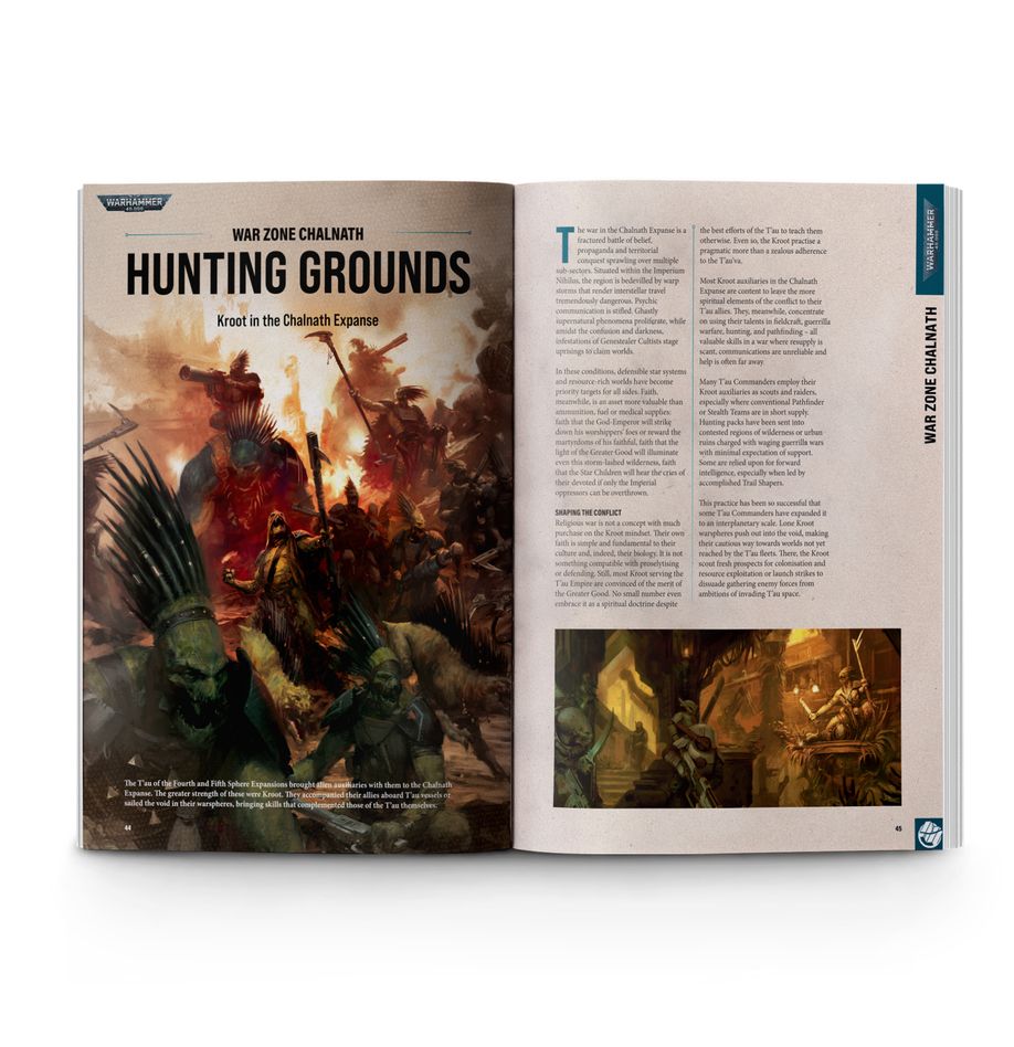 Warhammer 40000 White Dwarf 504 September 2024 magazine open to Hunting Grounds article.
