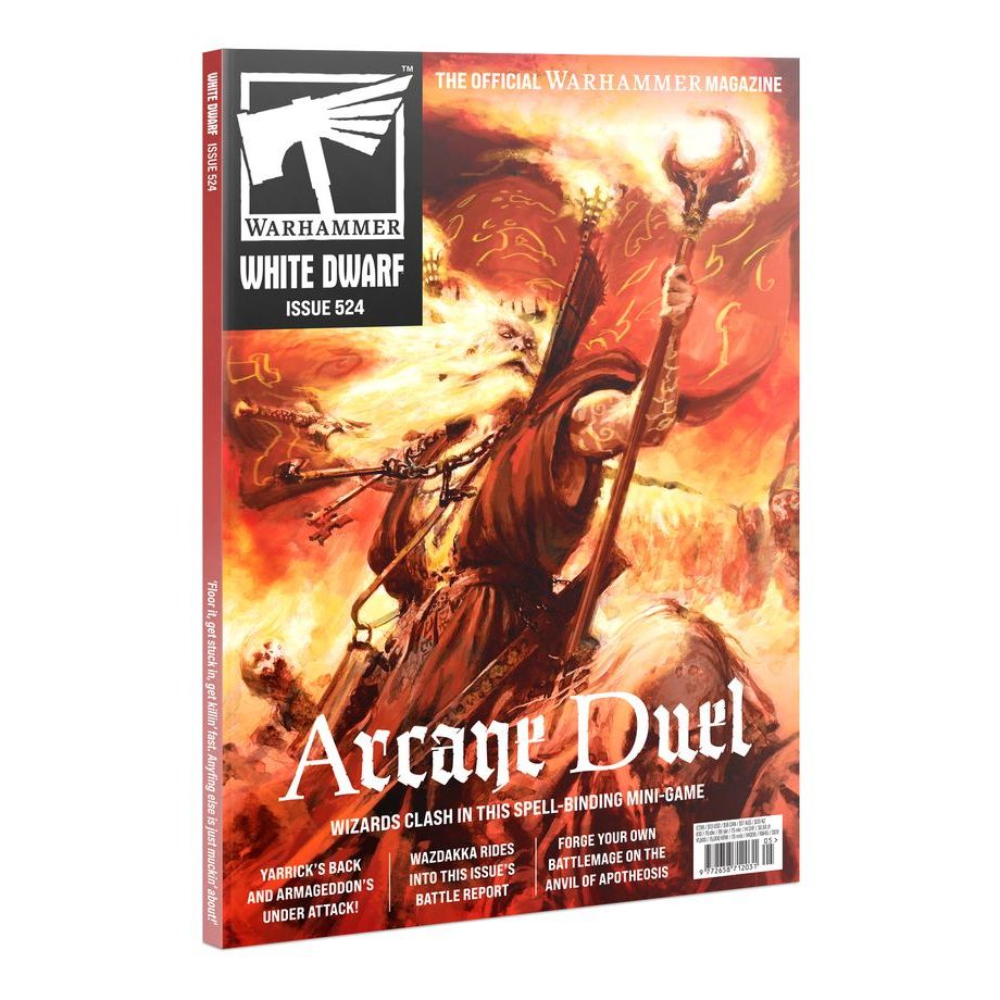 White Dwarf 524 magazine from Games Workshop featuring hobby tips and miniatures content, shown with cover and interior pages.