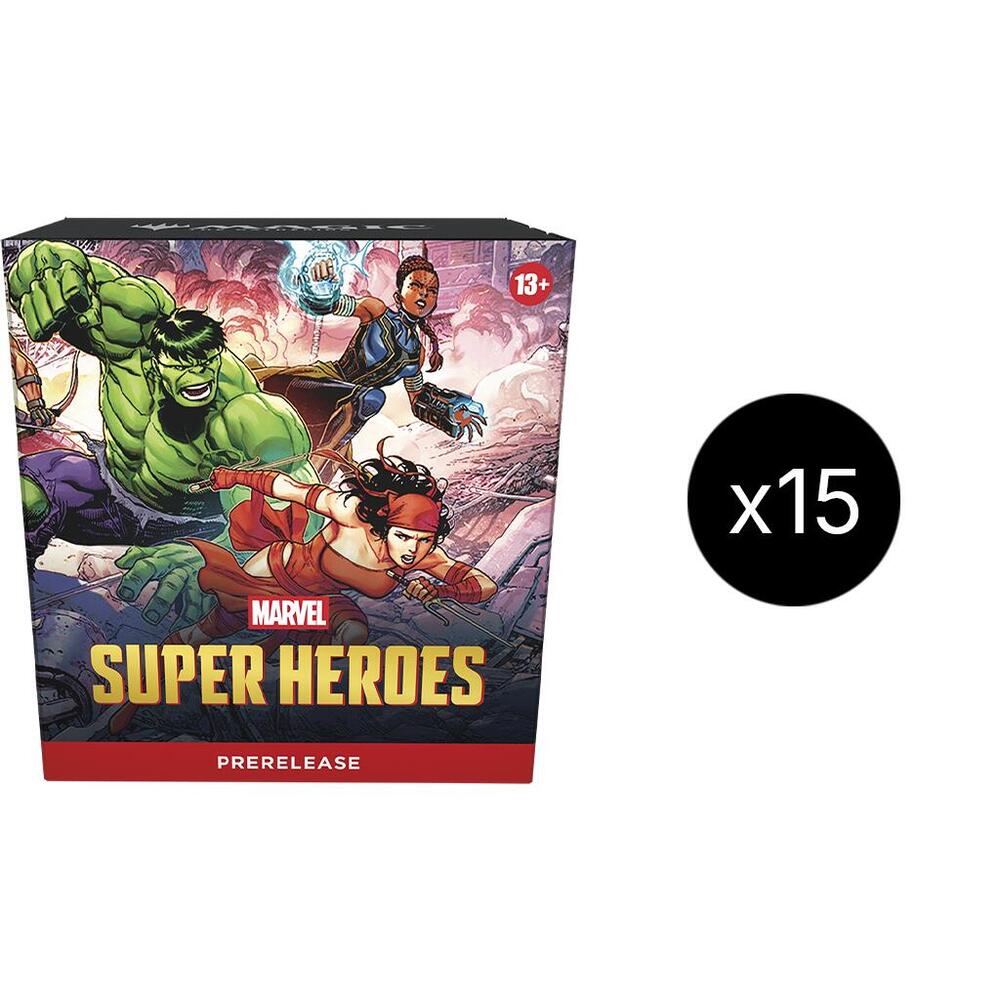 Sealed case of Magic: The Gathering Marvel Super Heroes Pre-Release Box with colorful Marvel character artwork.