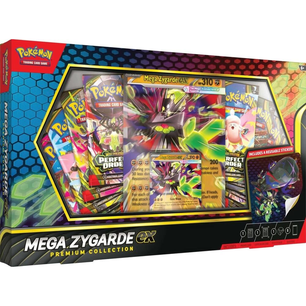 Pokémon Mega Zygarde EX Premium Collection box featuring Mega Zygarde EX card, collectible figures, and packaging details.