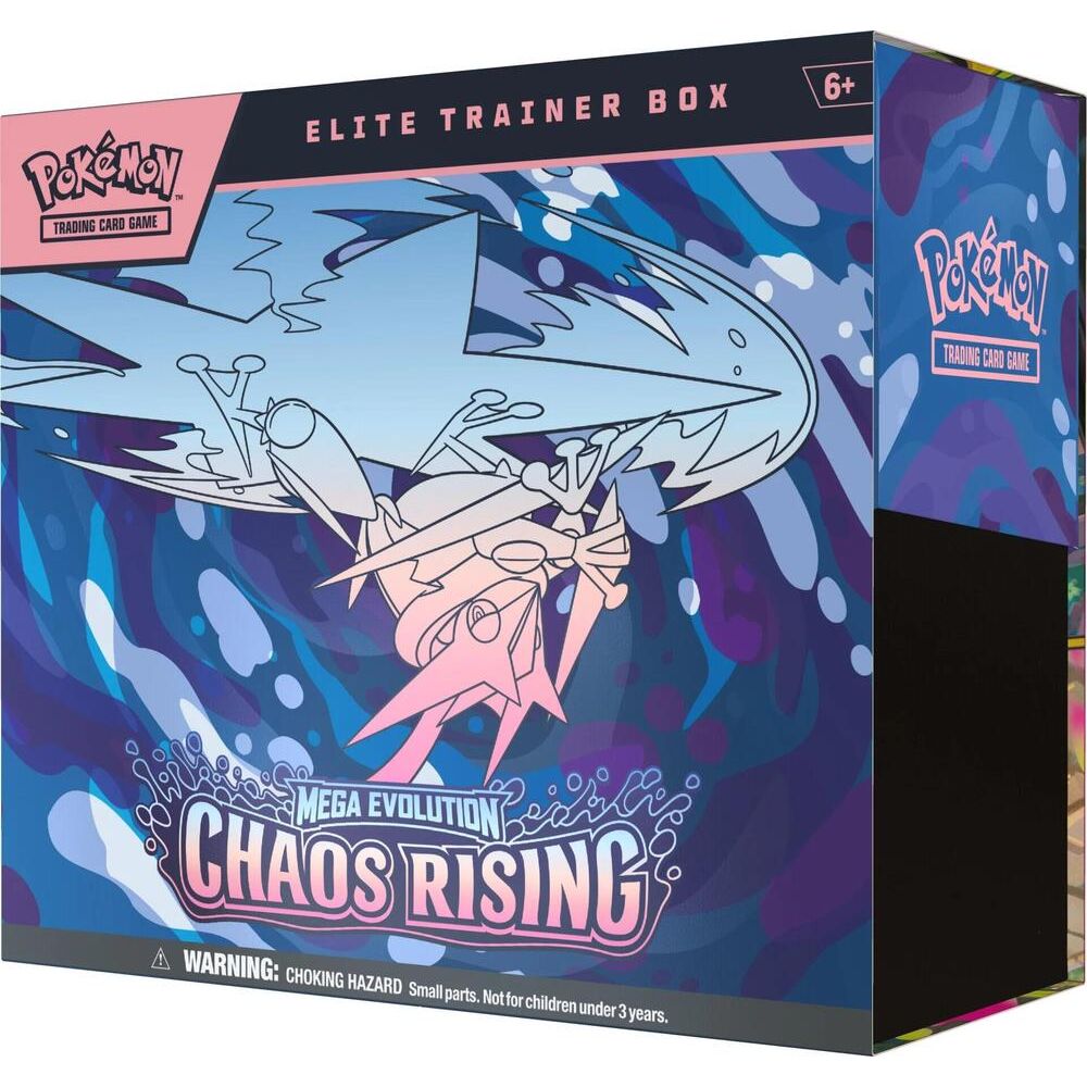 Pokémon Chaos Rising Elite Trainer Box with booster packs, card sleeves, and accessories for Pokémon trading card game fans.