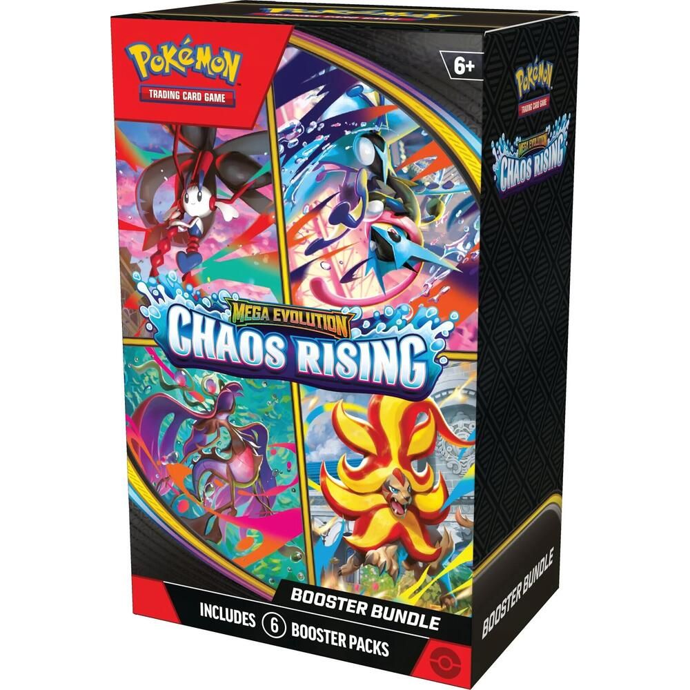 Pokémon Chaos Rising Booster Bundle featuring colorful Pokémon cards and packaging with vibrant artwork and branding.