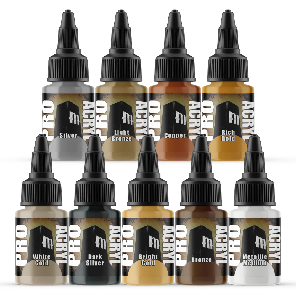 Monument Hobbies Pro Acryl Expansion Set Metallic, featuring 9 metallic colors including Bronze, Copper, and Silver.