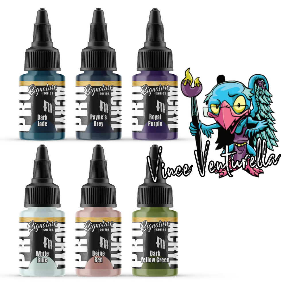 Monument Hobbies Signature Series Set 1 paint bottles with Vince Venturella artwork, featuring Dark Jade, Payne's Grey, Royal Purple, White Blue, Beige Red, and Dark Yellow Green.