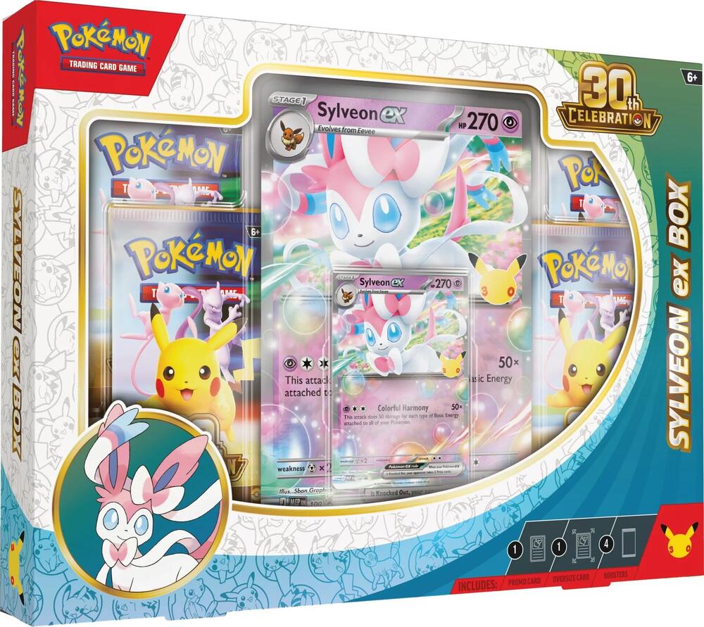 Retail box for the Pokemon Trading Card Game 30th Celebration Sylveon ex Box, front of package.