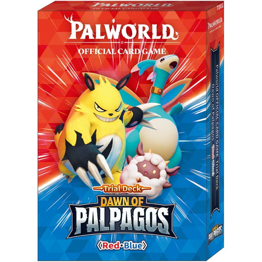 Palworld Official Card Game Dawn of Palpagos Red-Blue Trial Deck by Bushiroad featuring colorful trading cards and deck packaging.