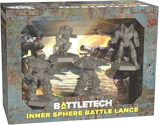 BattleTech Inner Sphere Battle Lance box set with miniatures, pilot cards, and Alpha Strike cards.