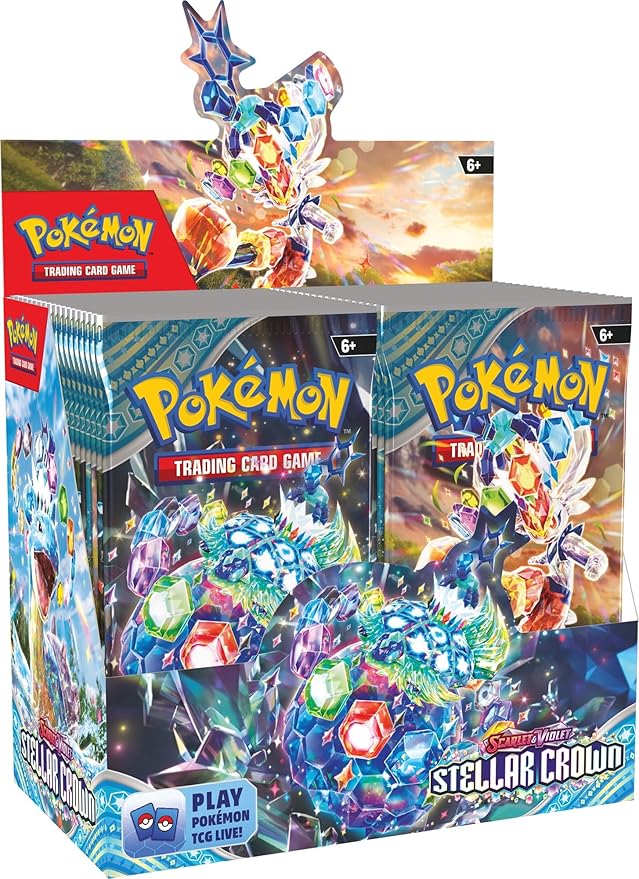 Pokemon TCG: Scarlet & Violet Stellar Crown Booster Box with 36 packs and vibrant design.