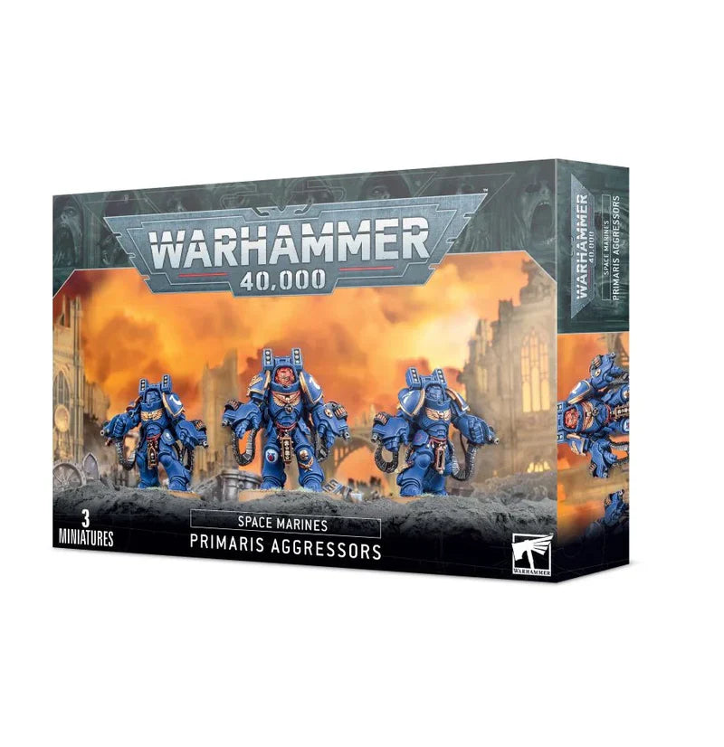 Primaris Aggressors Space Marines box set with 3 miniatures and assembly options.