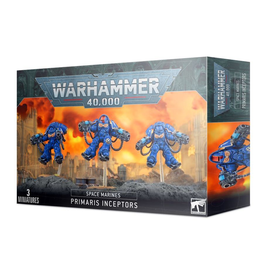 Warhammer 40000 Space Marines Primaris Inceptors box set with three miniatures.