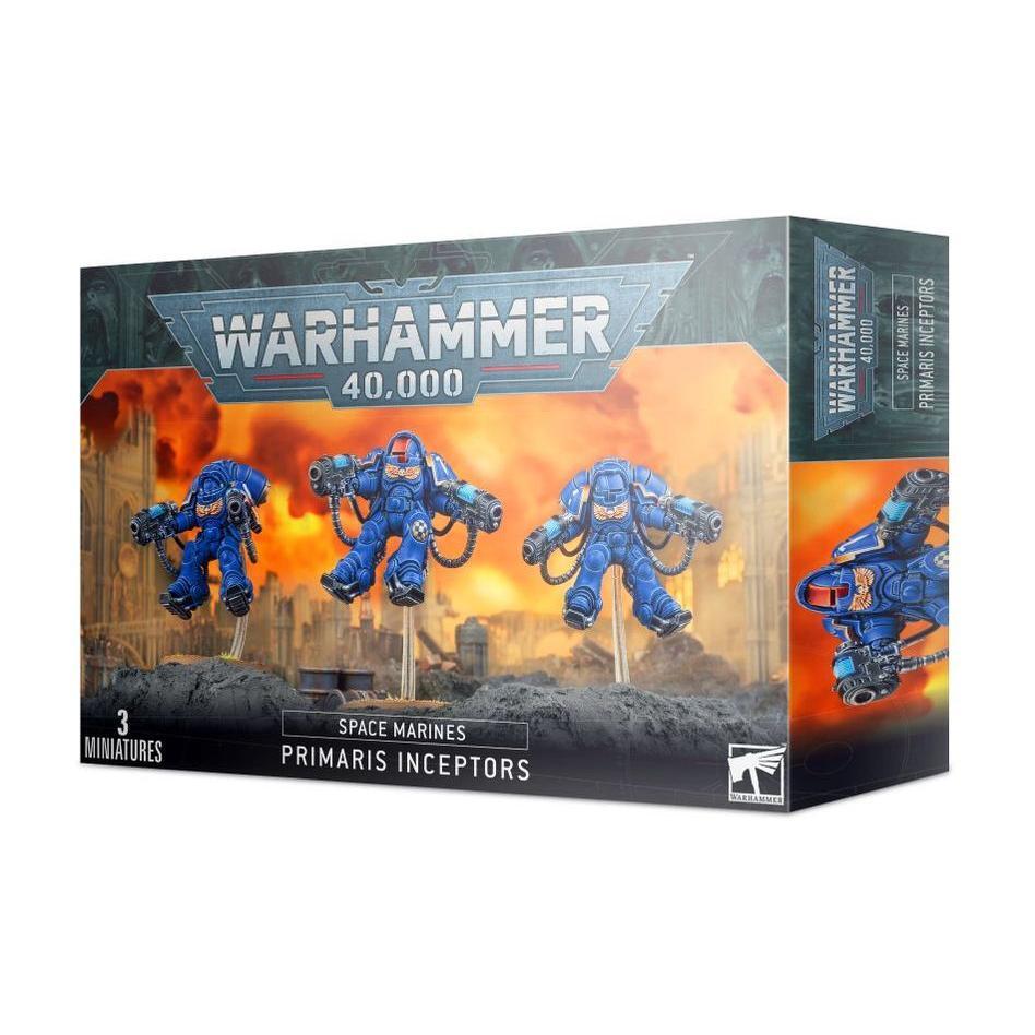 Warhammer 40000 Space Marines Primaris Inceptors box set with three miniatures.