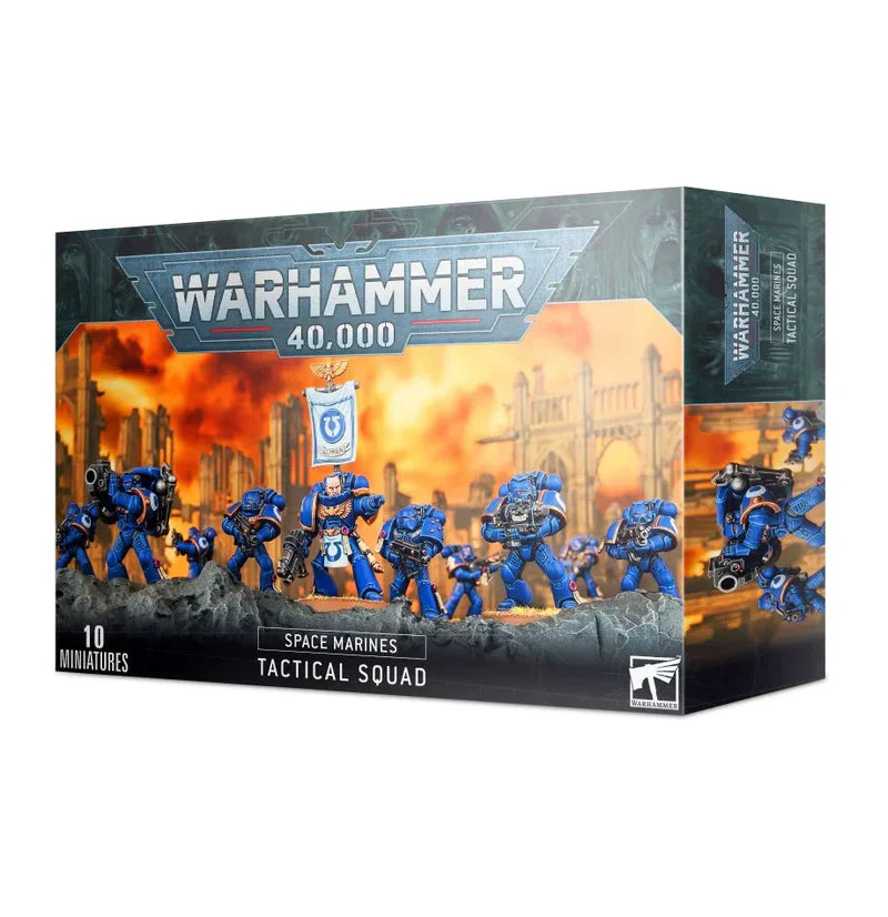 Space Marine Tactical Squad box set with 10 miniatures and transfer sheets.