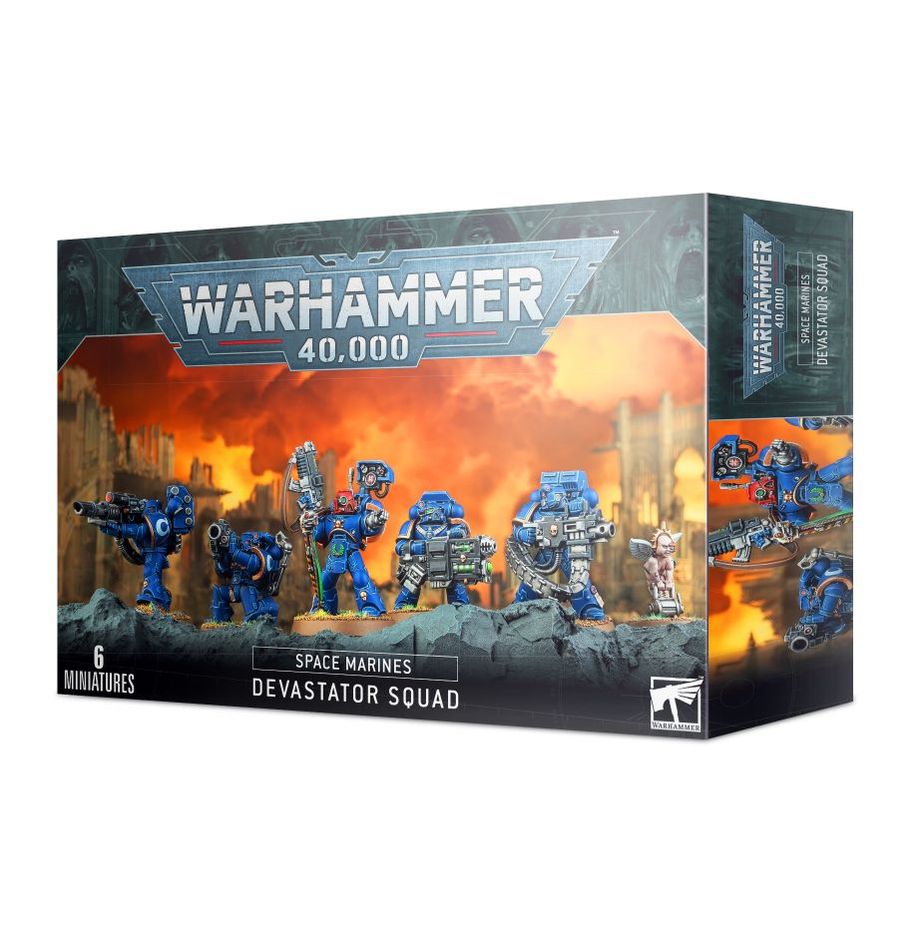 Warhammer 40000 Space Marines Devastator Squad box set with miniatures.