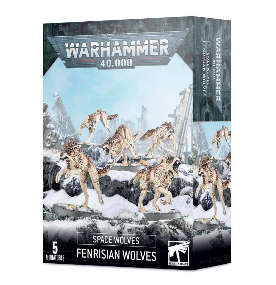 Warhammer 40000 Fenrisian Wolves model kit box with five miniatures.