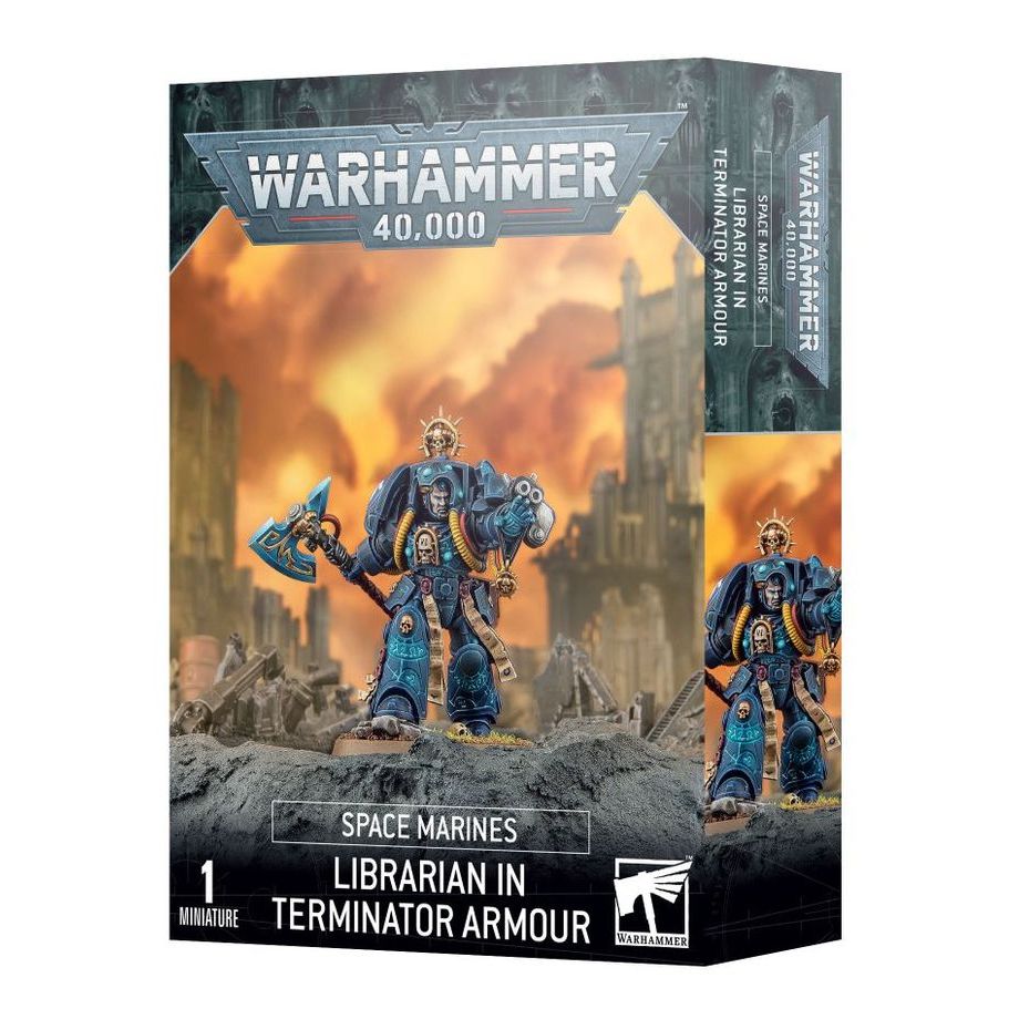 Librarian in Terminator armor from Space Marines, detailed power armor with intricate design, holding a staff, game miniatures.