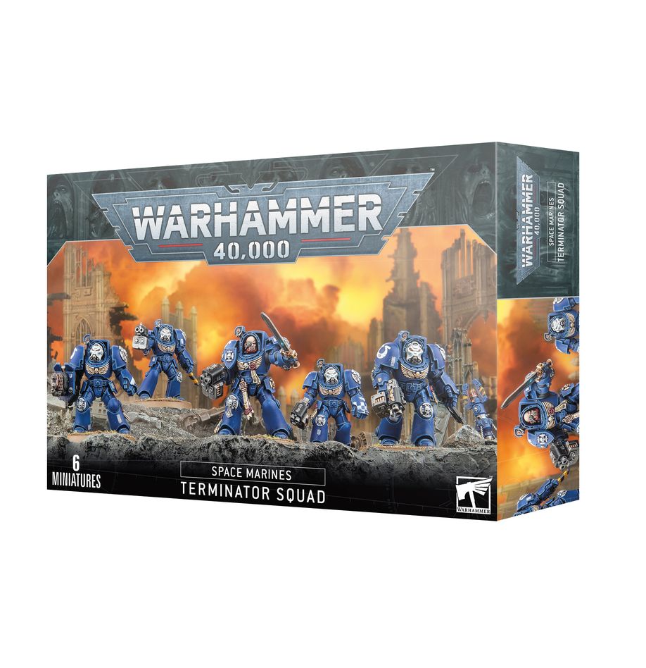 Warhammer 40000: Space Marines Terminator Squad box set with miniatures and bases.